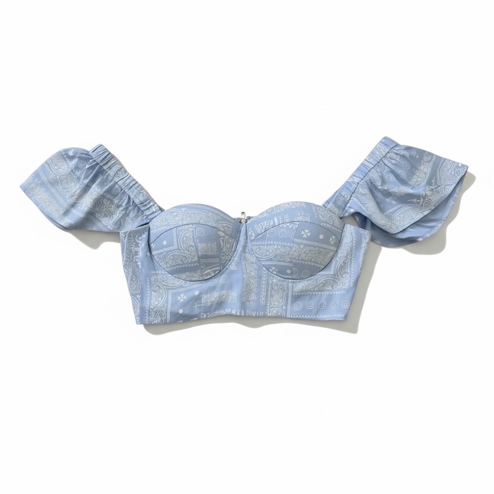 Ruffle Sleeve Paisley Blue and White Structured Crop Top Blythe NWT